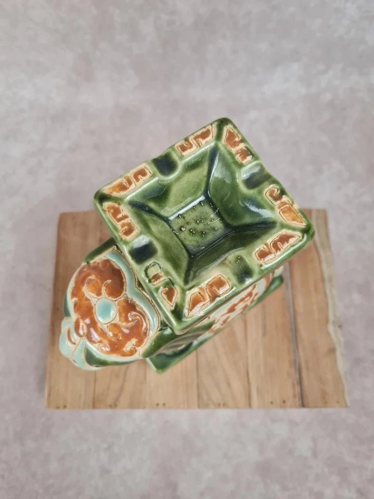 🐘 Groene en oker geëmailleerde keramische olifant asbak - vintage Aziatische stijl – photo 3